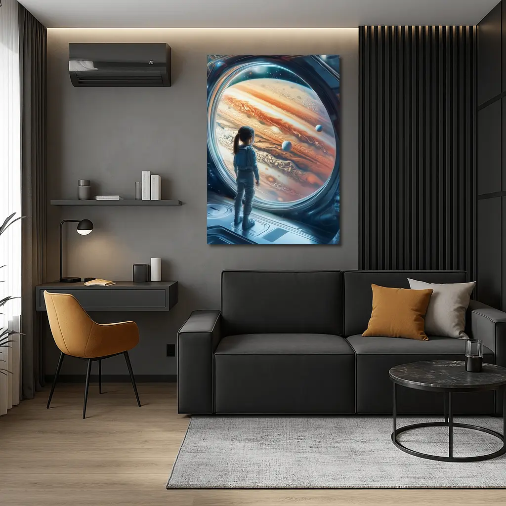 Girl Astronaut Gazing At Jupiter Space Station – Wall Art