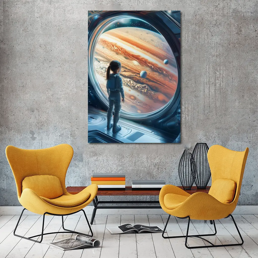 Girl Astronaut Gazing At Jupiter Space Station – Wall Art