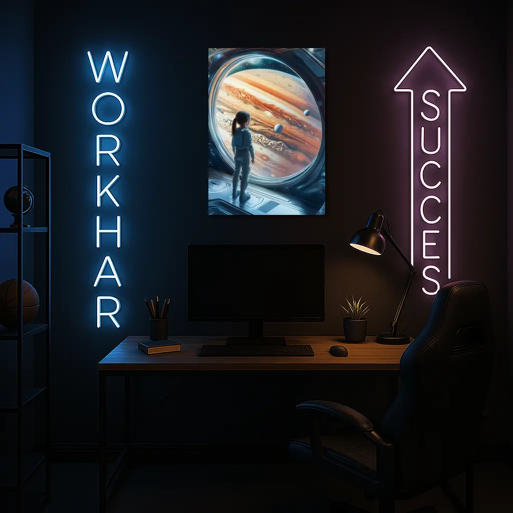 Girl Astronaut Gazing At Jupiter Space Station – Wall Art