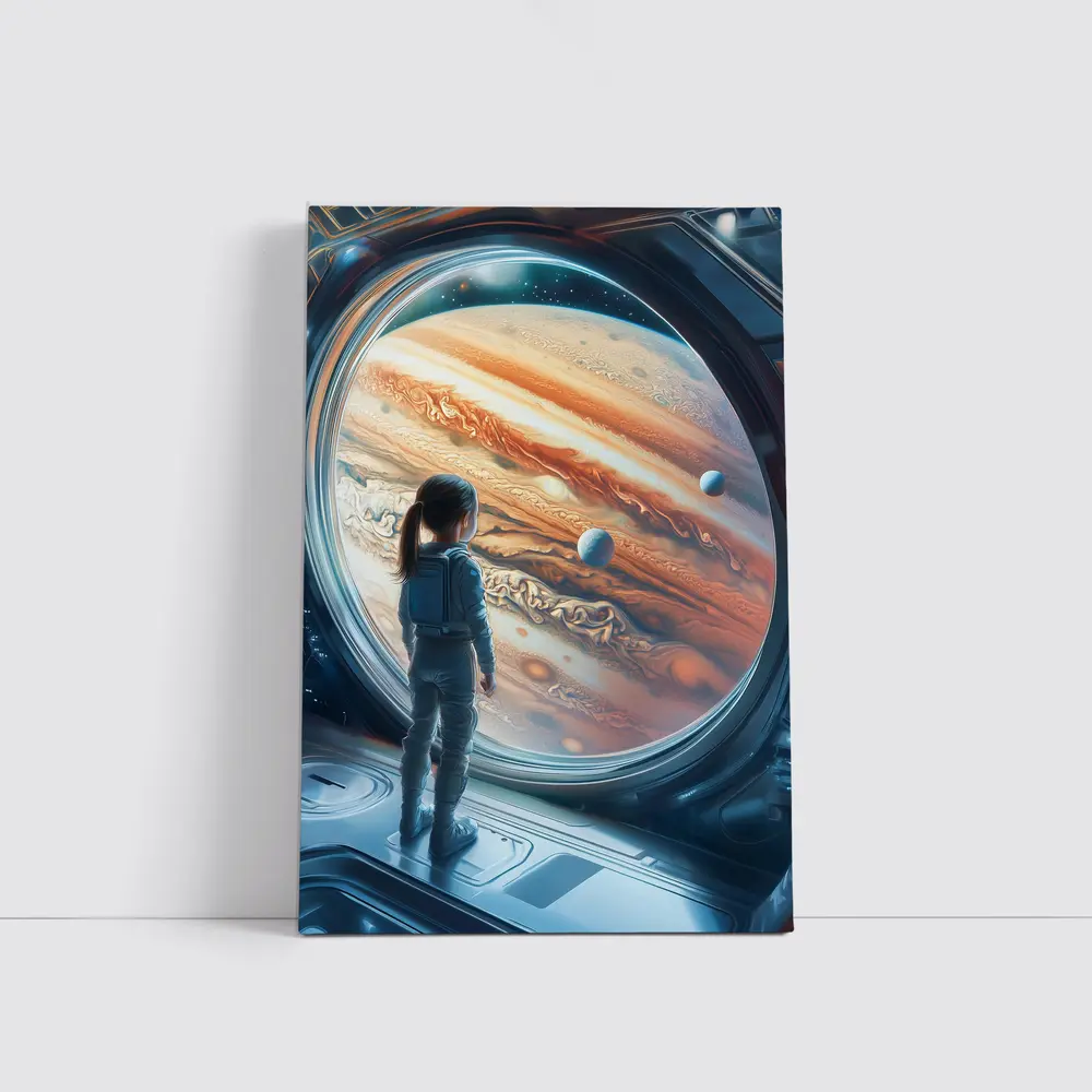 Girl Astronaut Gazing At Jupiter Space Station – Wall Art