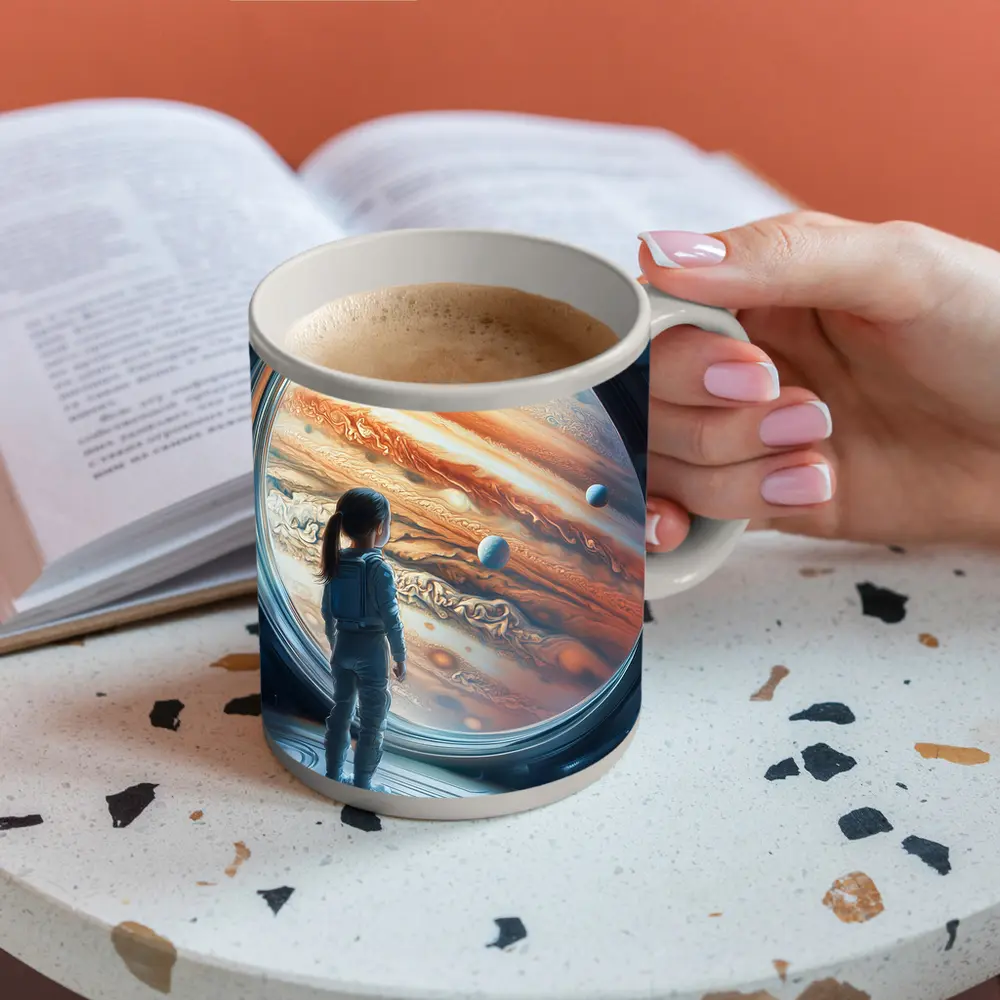 Girl Astronaut Gazing At Jupiter Space Station – Mugs