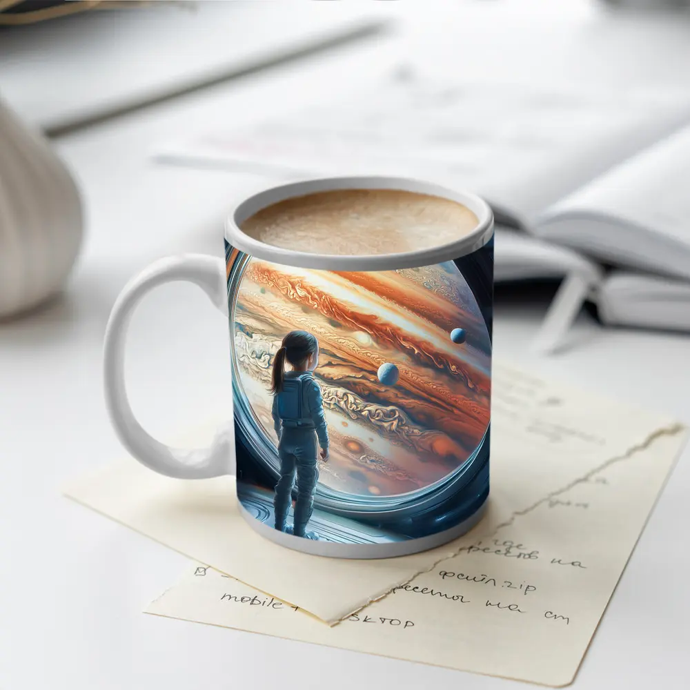 Girl Astronaut Gazing At Jupiter Space Station – Mugs
