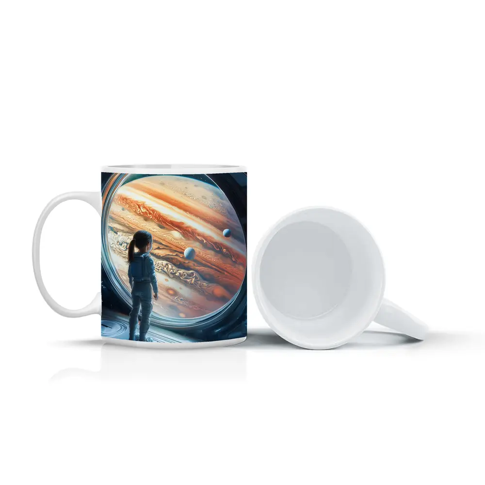 Girl Astronaut Gazing At Jupiter Space Station – Mugs