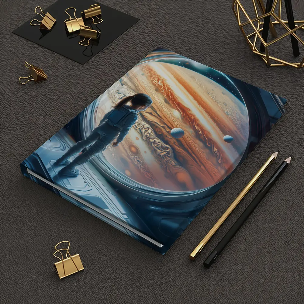 Girl Astronaut Gazing At Jupiter Space Station – Notebooks