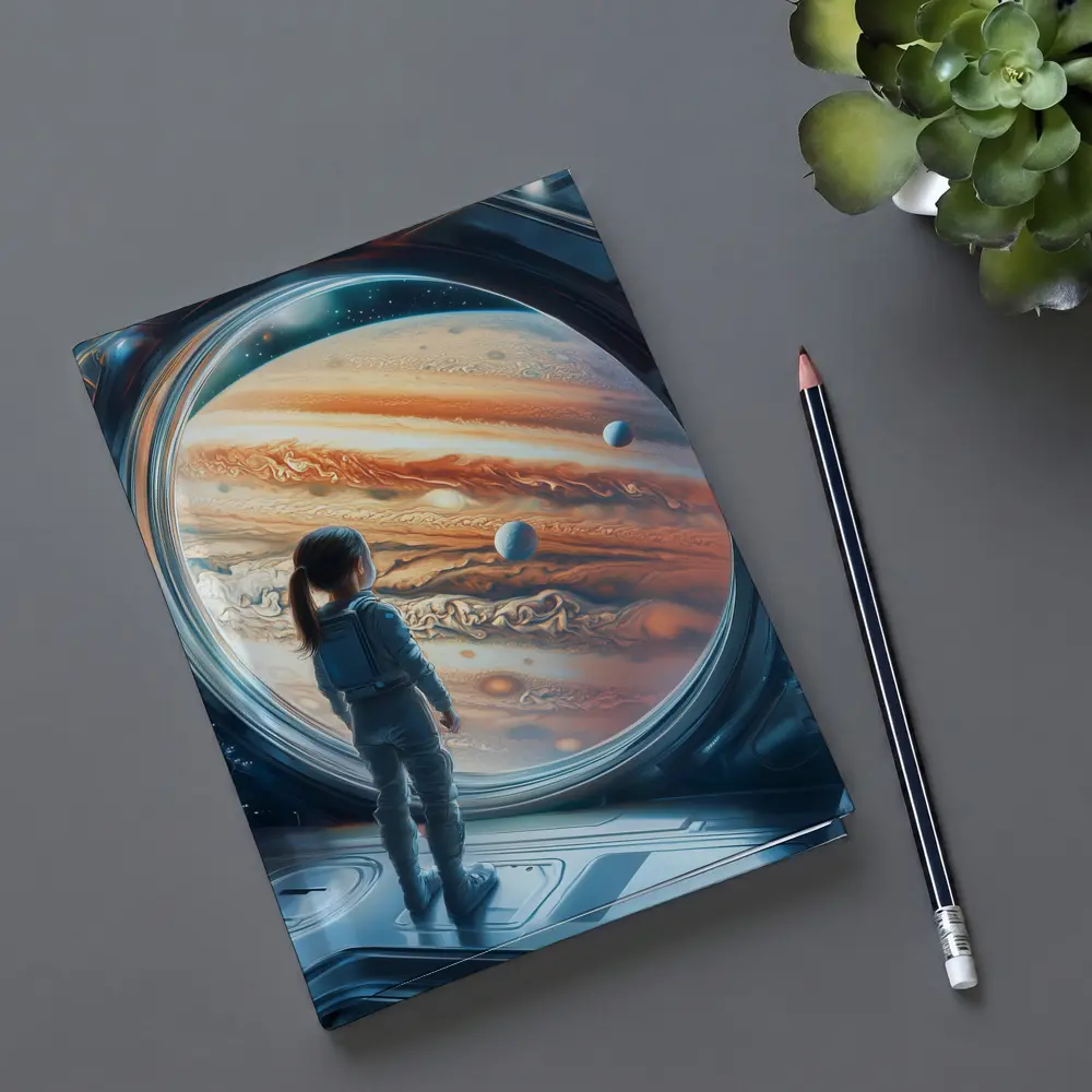 Girl Astronaut Gazing At Jupiter Space Station – Notebooks