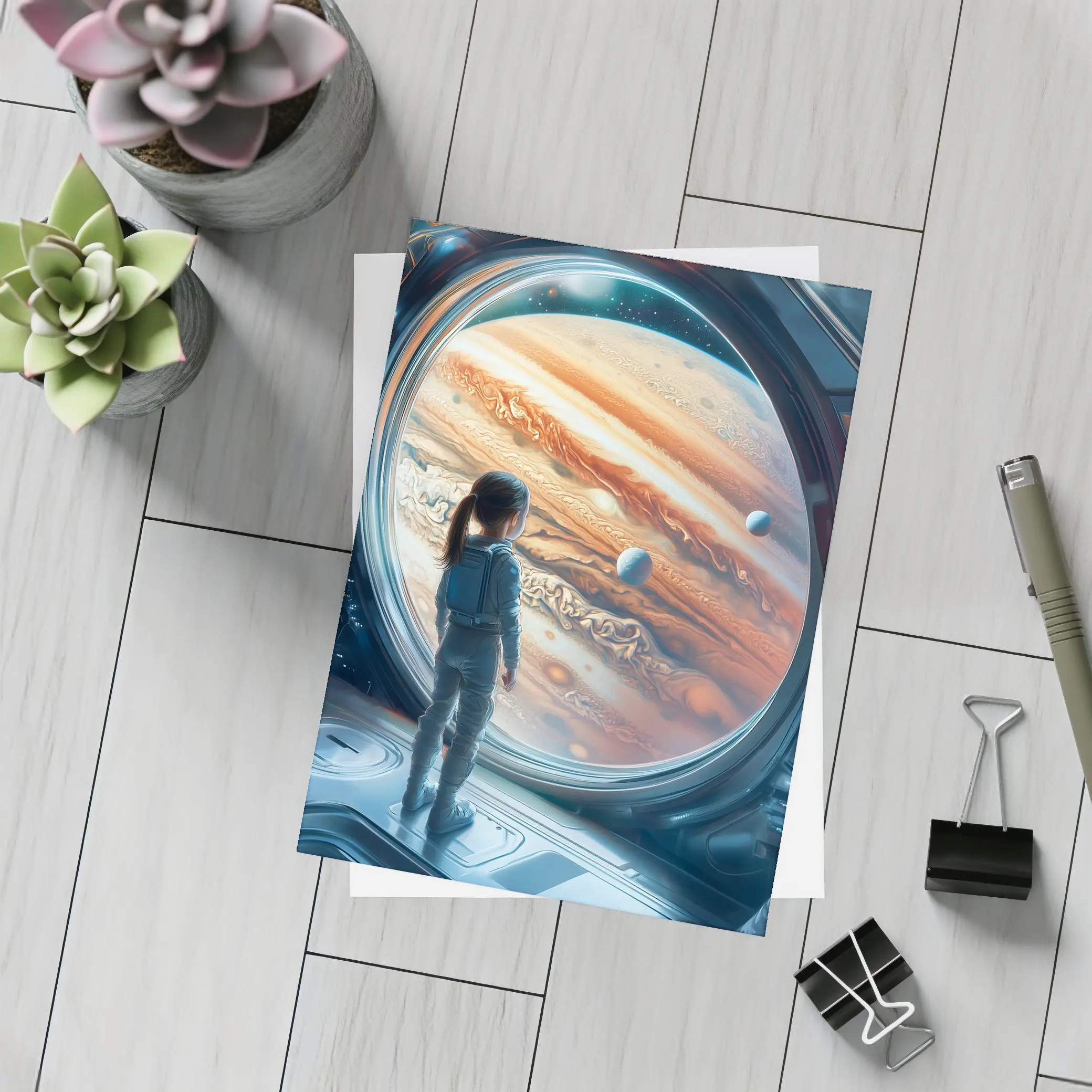 Girl Astronaut Gazing At Jupiter Space Station – Postcards