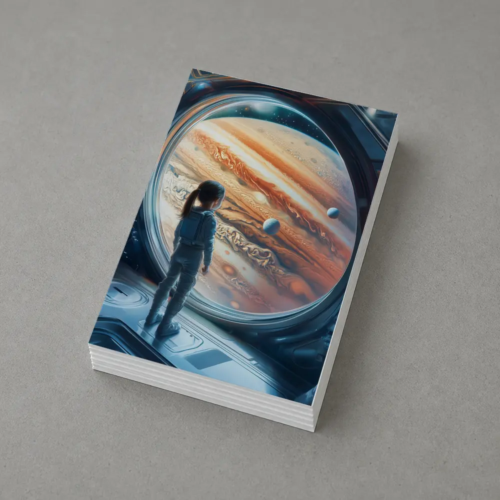 Girl Astronaut Gazing At Jupiter Space Station – Postcards