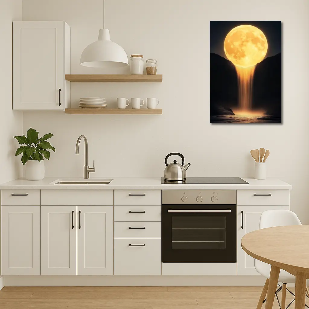 Golden Moon Waterfall Dark Night Sky – Wall Art