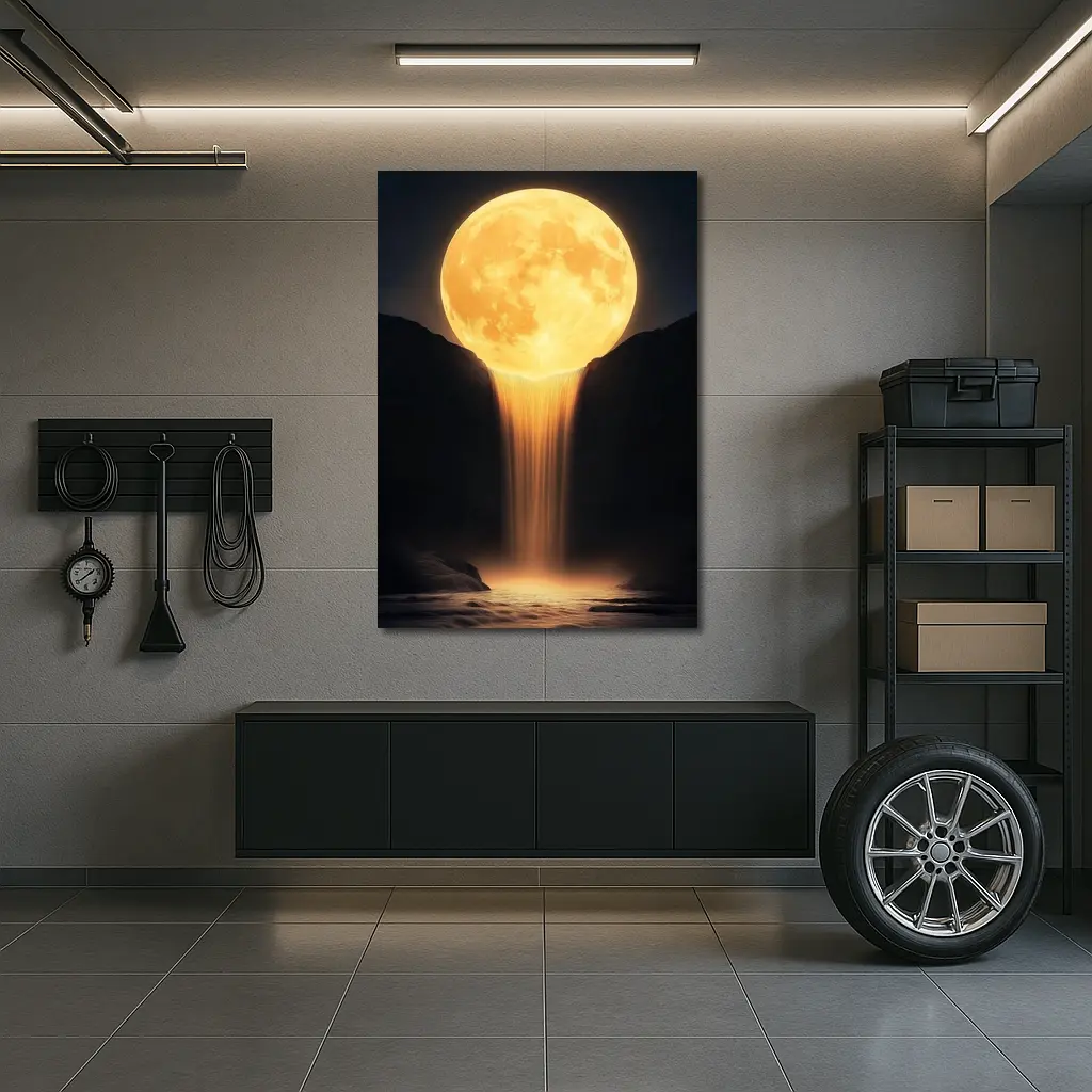 Golden Moon Waterfall Dark Night Sky – Wall Art