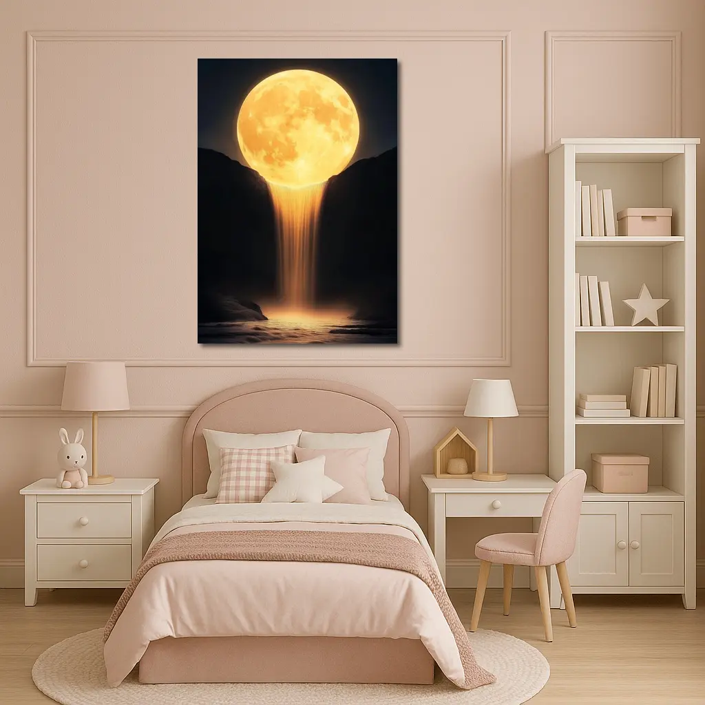 Golden Moon Waterfall Dark Night Sky – Wall Art