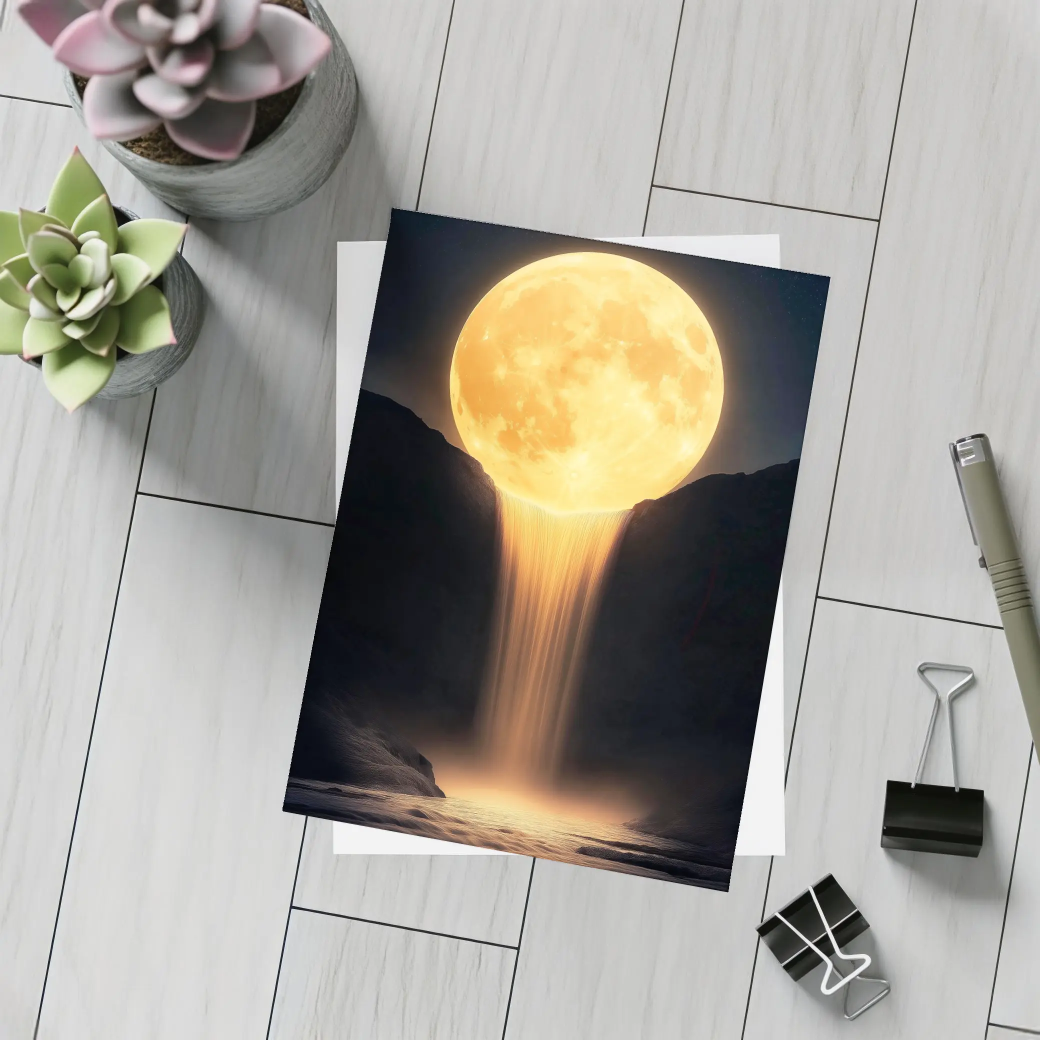 Golden Moon Waterfall Dark Night Sky – Postcards