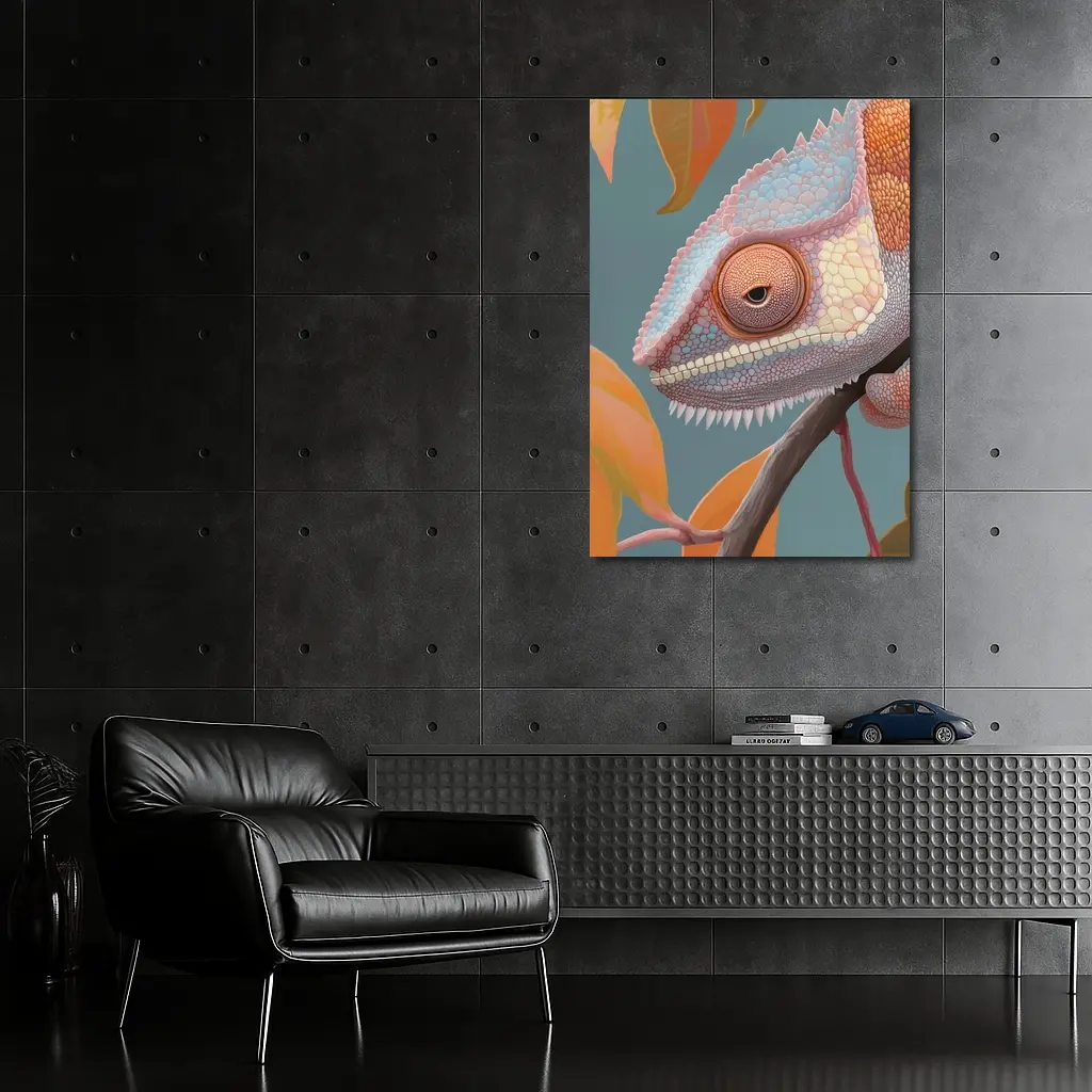 Chameleon On Branch Pastel Teal Background – Wall Art