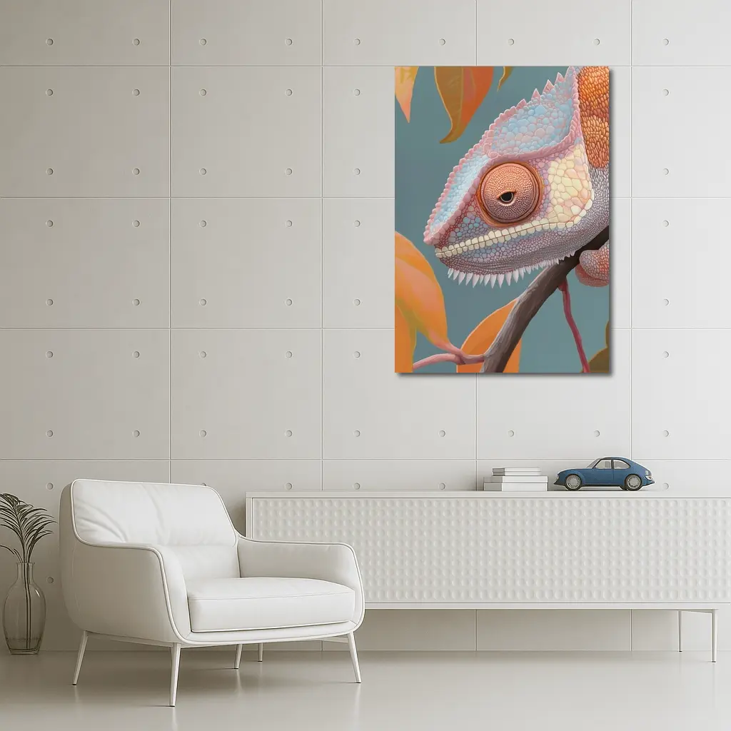 Chameleon On Branch Pastel Teal Background – Wall Art