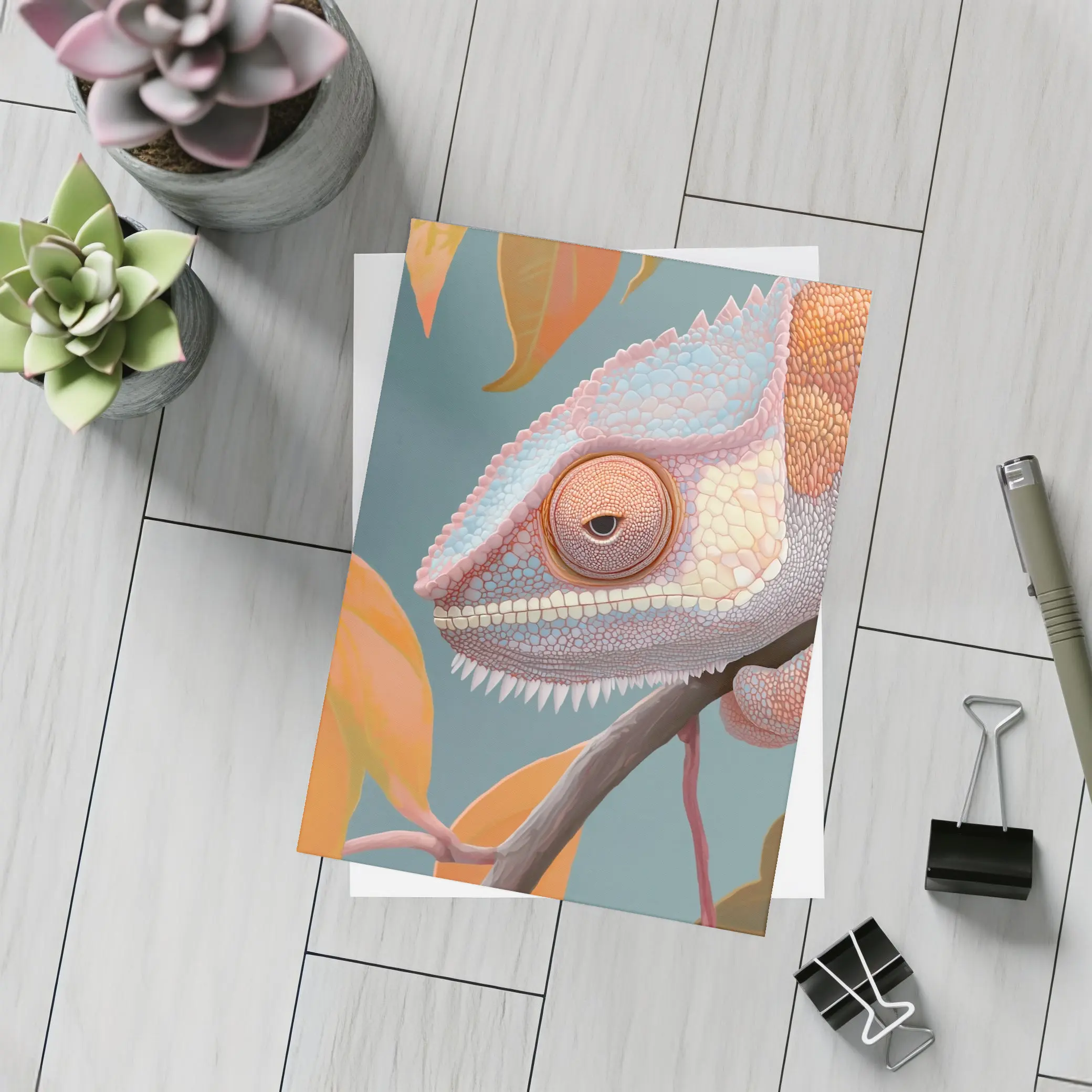 Chameleon On Branch Pastel Teal Background – Postcards