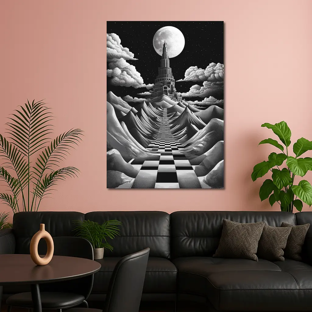 Surreal Tower Moonlit Checkerboard Fantasy Landscape – Wall Art