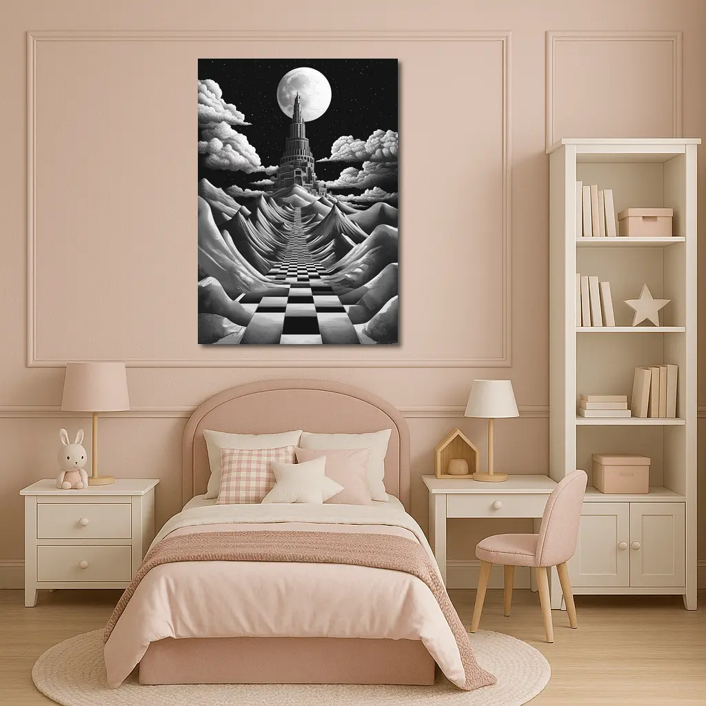 Surreal Tower Moonlit Checkerboard Fantasy Landscape – Wall Art