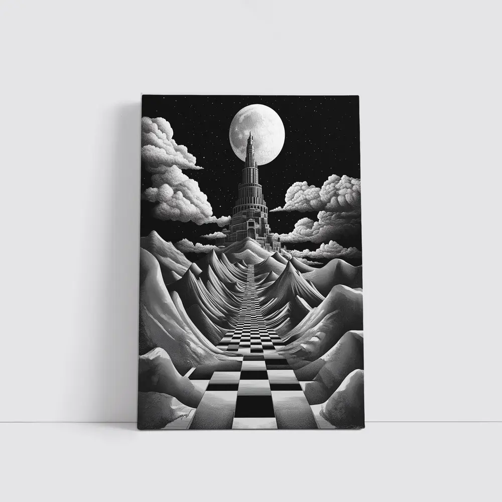 Surreal Tower Moonlit Checkerboard Fantasy Landscape – Wall Art
