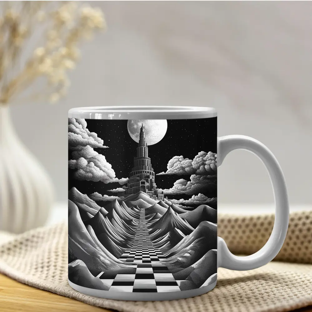 Surreal Tower Moonlit Checkerboard Fantasy Landscape – Mugs