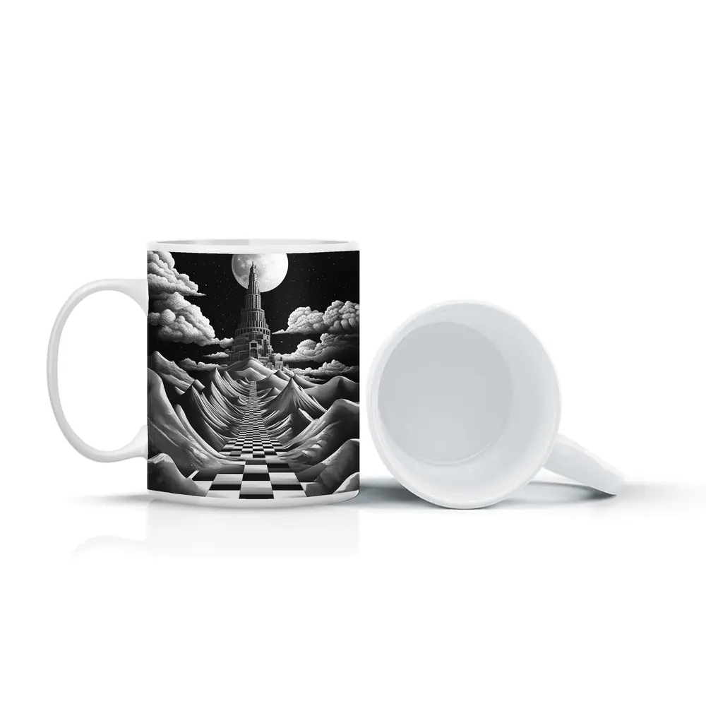 Surreal Tower Moonlit Checkerboard Fantasy Landscape – Mugs