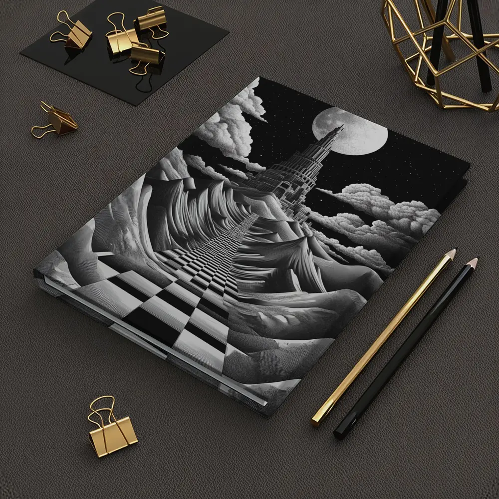Surreal Tower Moonlit Checkerboard Fantasy Landscape – Notebooks