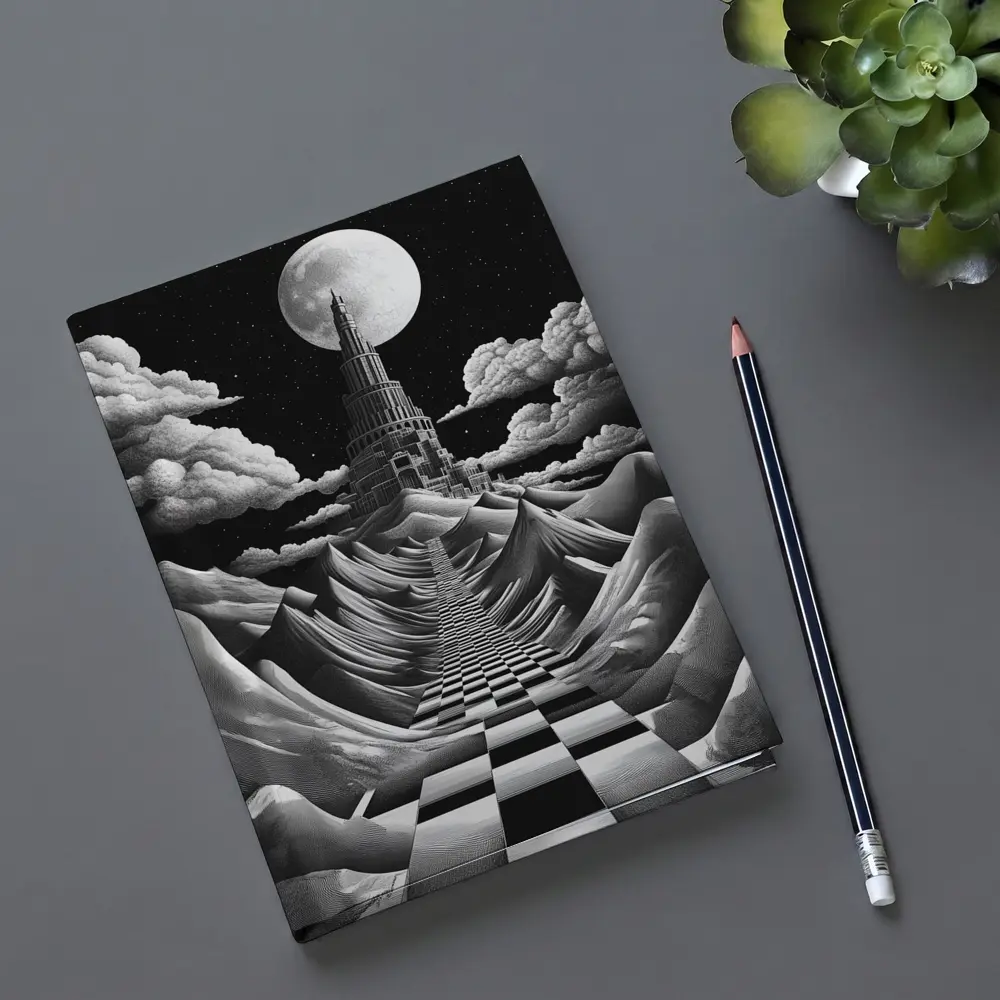 Surreal Tower Moonlit Checkerboard Fantasy Landscape – Notebooks