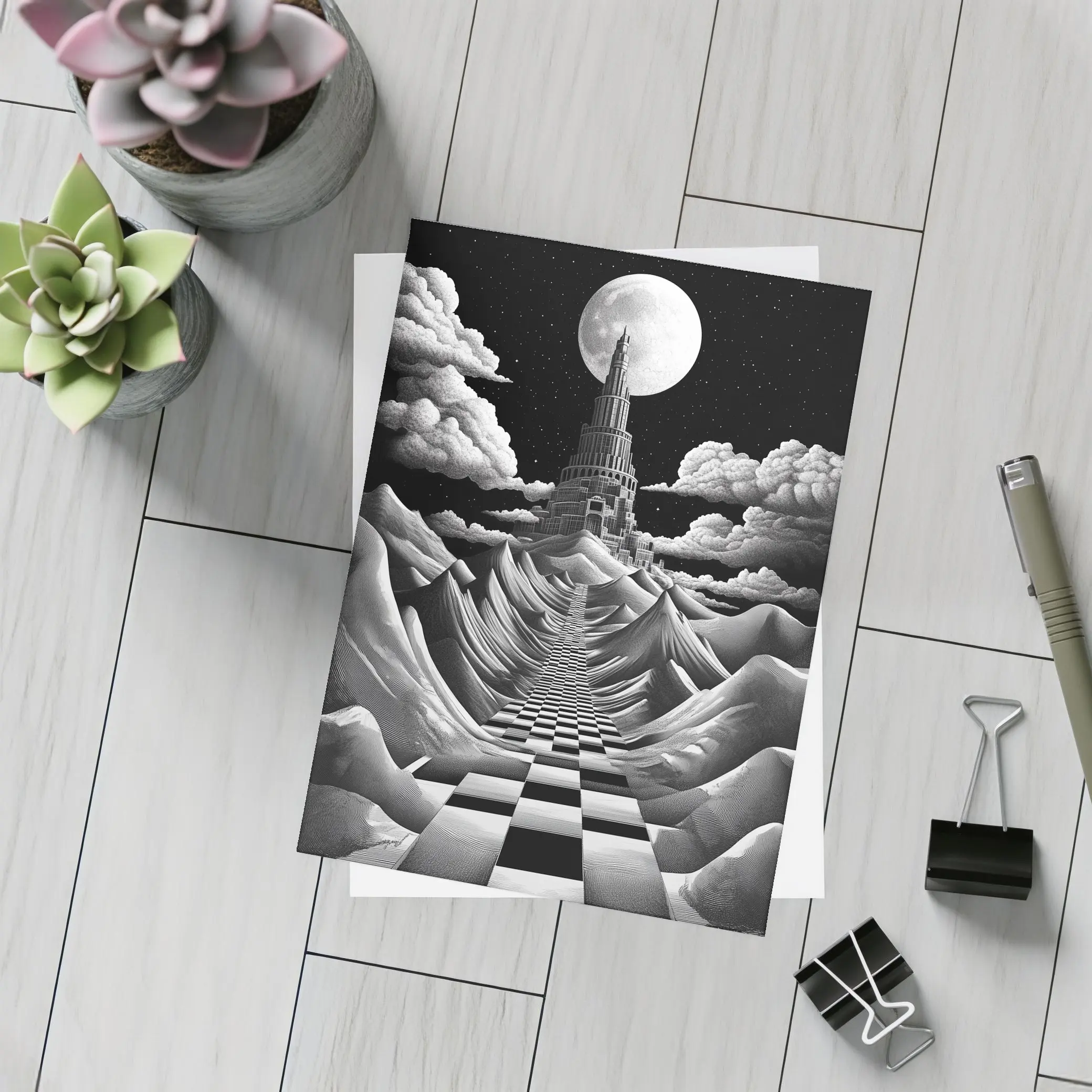 Surreal Tower Moonlit Checkerboard Fantasy Landscape – Postcards