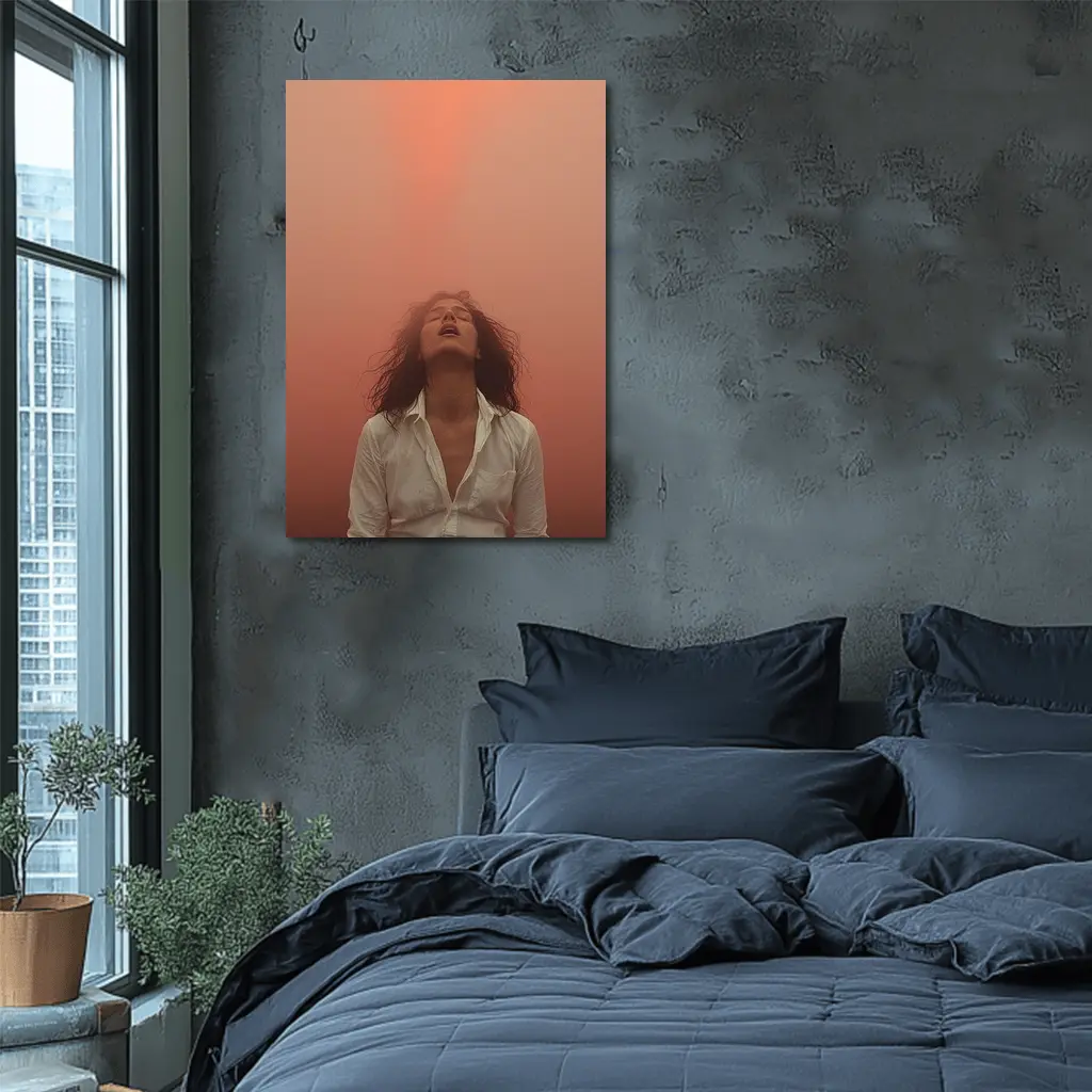 Woman Head Back Warm Orange Misty Background – Wall Art