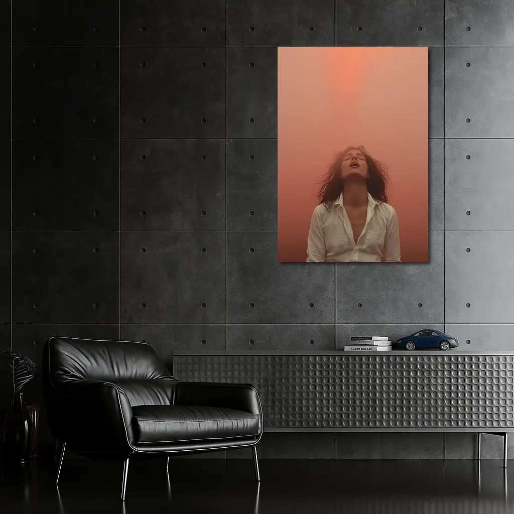 Woman Head Back Warm Orange Misty Background – Wall Art