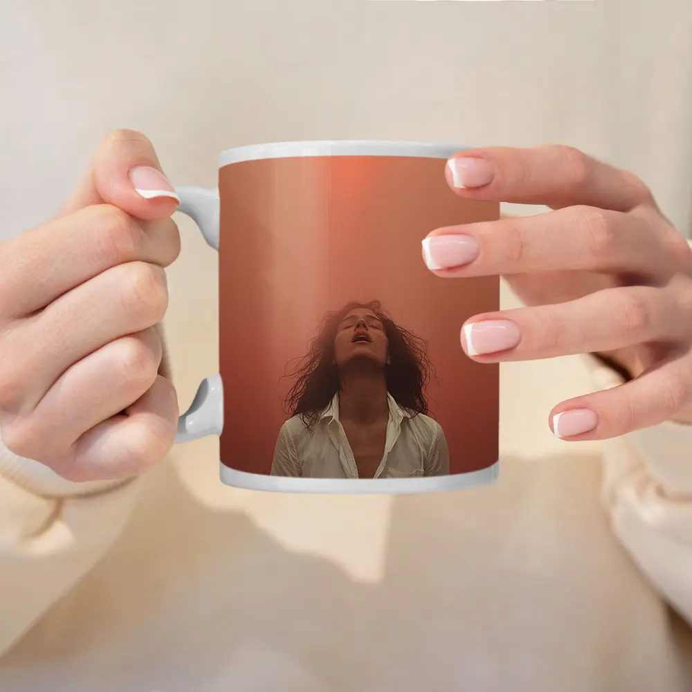 Woman Head Back Warm Orange Misty Background – Mugs