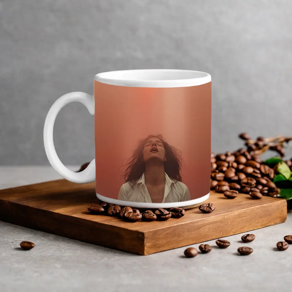 Woman Head Back Warm Orange Misty Background – Mugs