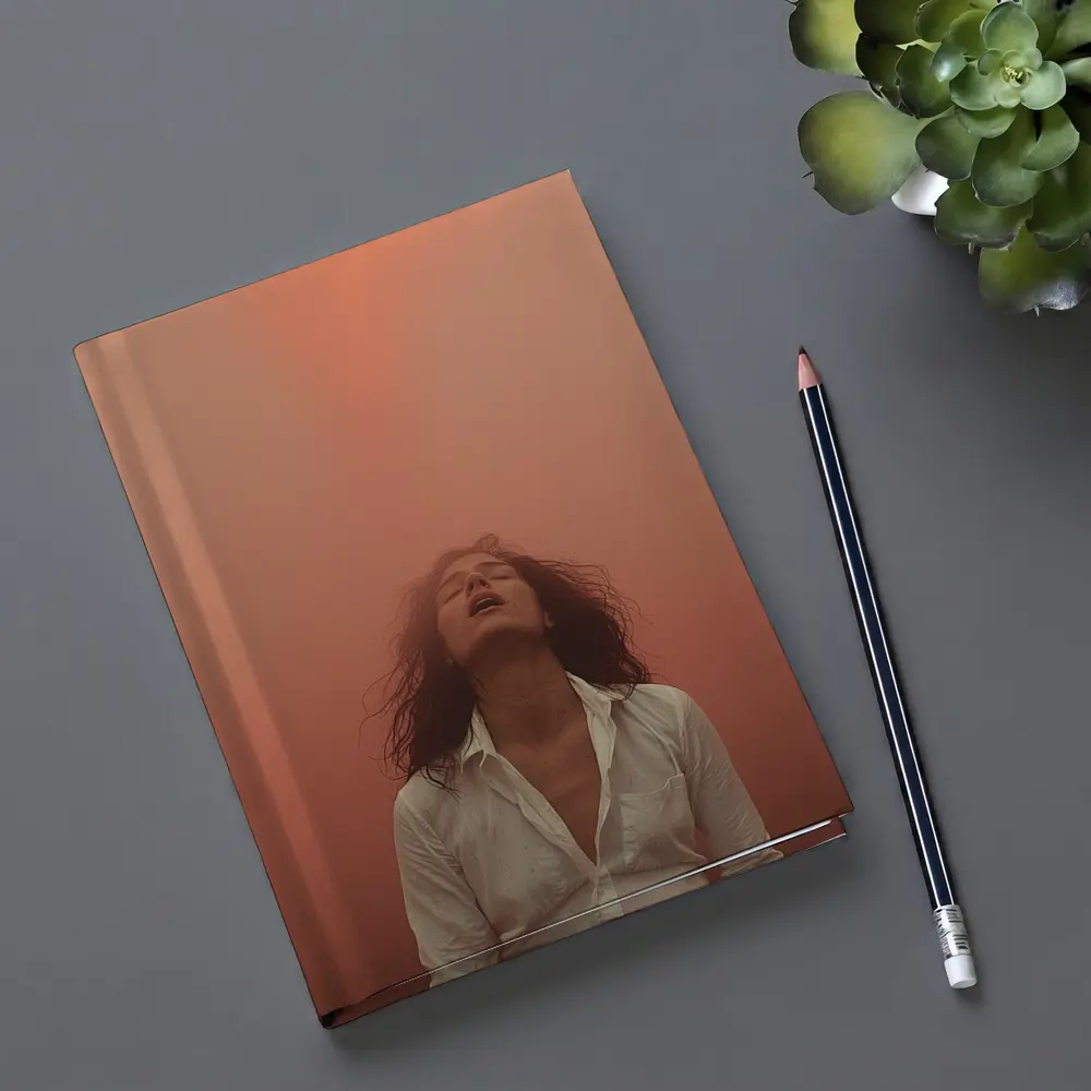 Woman Head Back Warm Orange Misty Background – Notebooks
