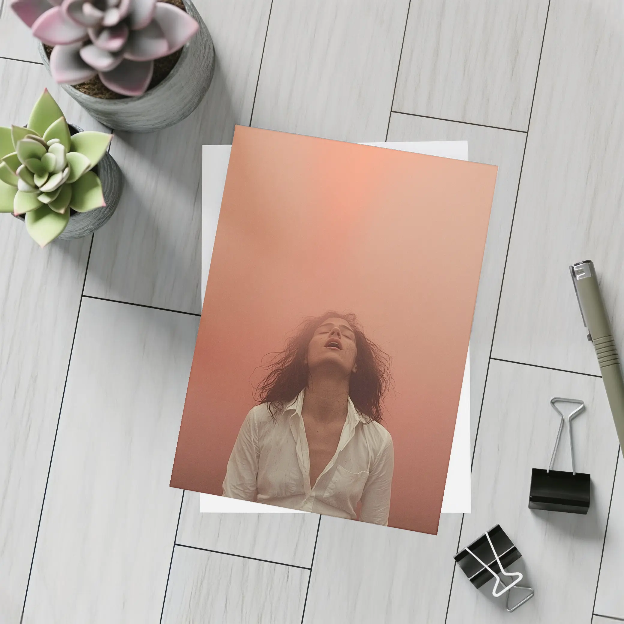 Woman Head Back Warm Orange Misty Background – Postcards