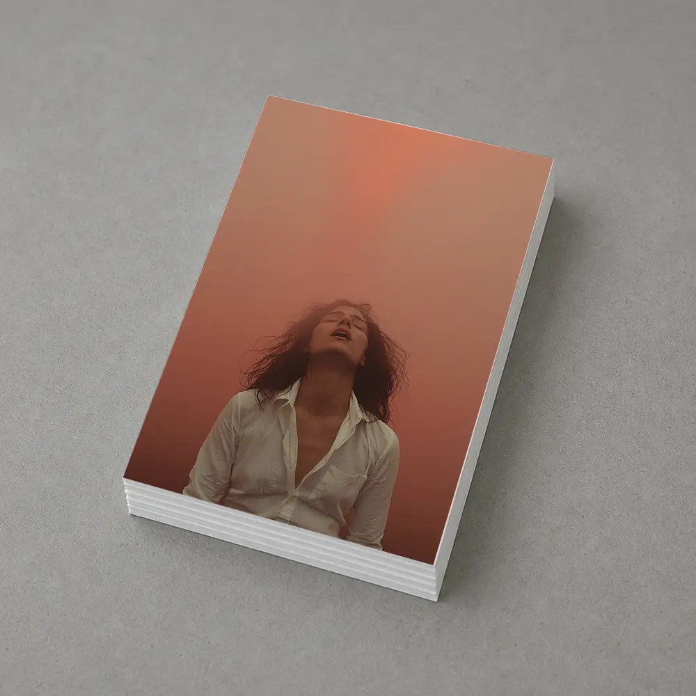 Woman Head Back Warm Orange Misty Background – Postcards