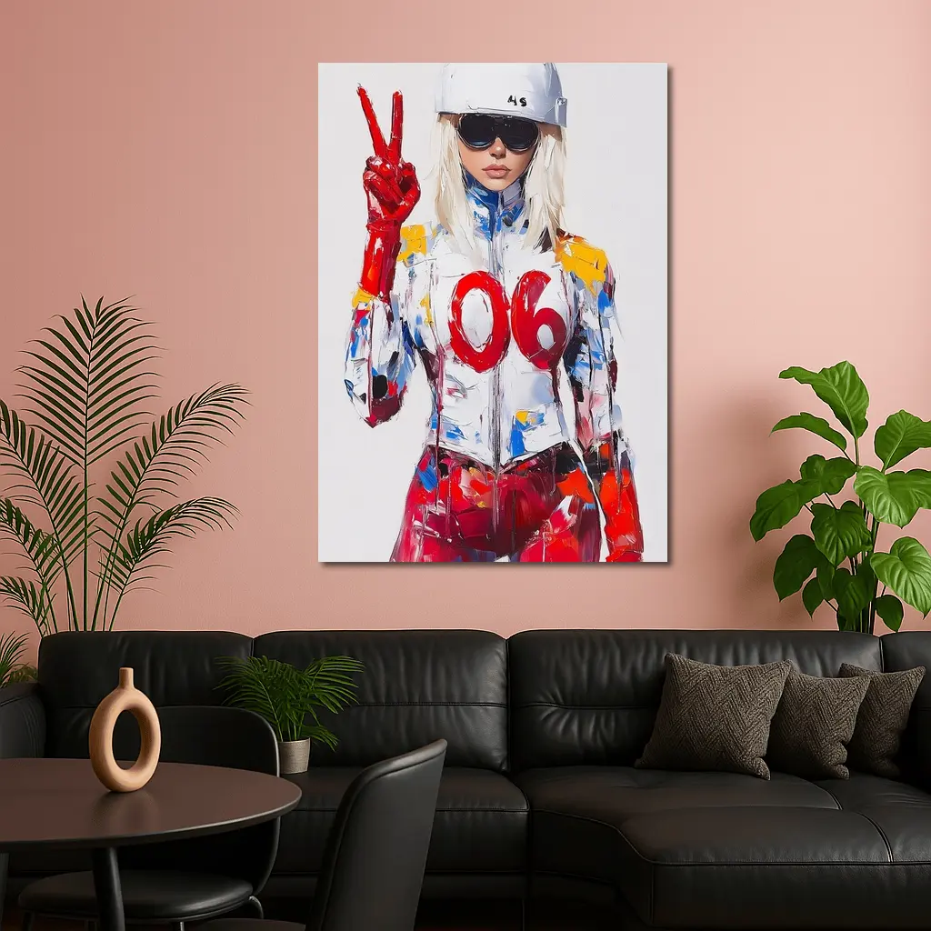 Blonde Racer Girl Peace Sign Painted Style – Wall Art
