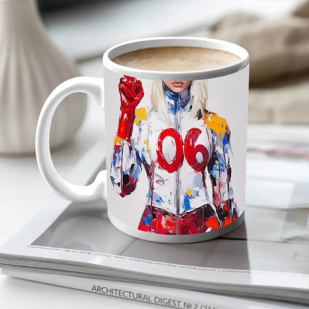 Blonde Racer Girl Peace Sign Painted Style – Mugs