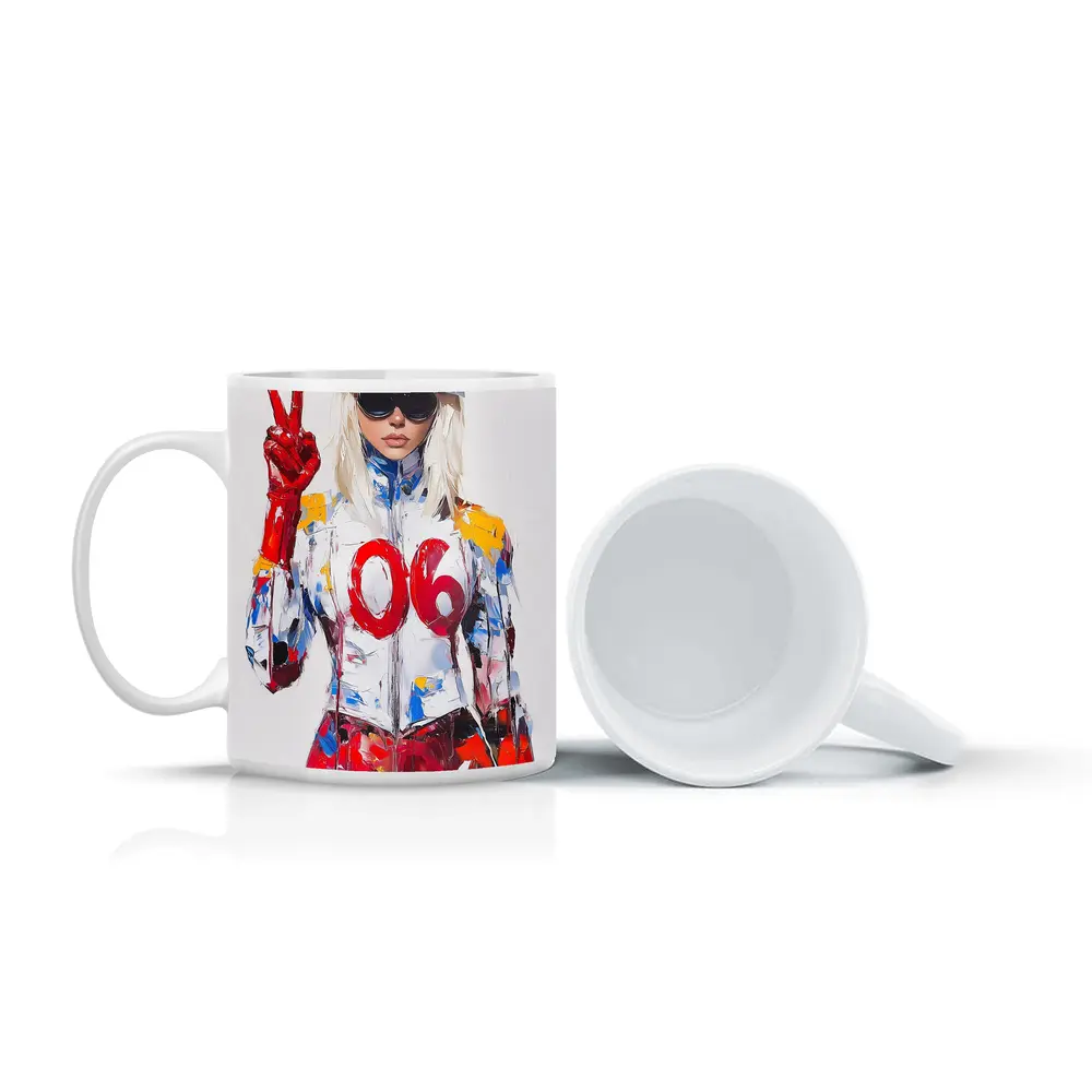 Blonde Racer Girl Peace Sign Painted Style – Mugs