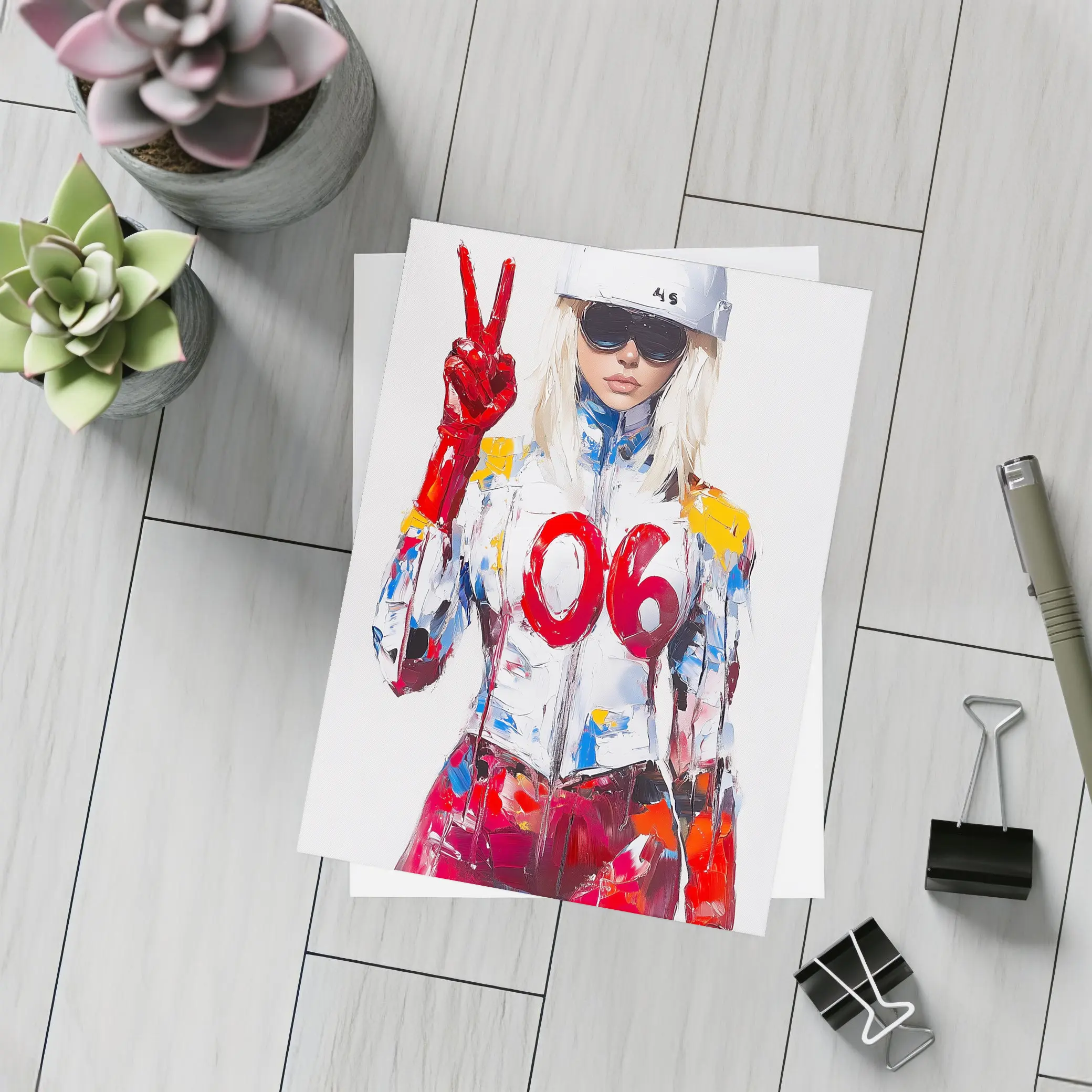 Blonde Racer Girl Peace Sign Painted Style – Postcards