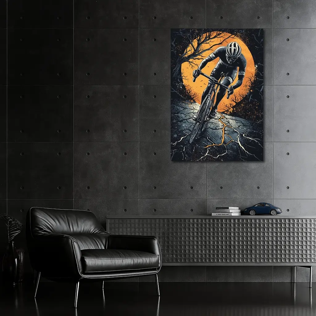 Cyclist Racing Dark Cracked Road Orange Moon – Wall Art