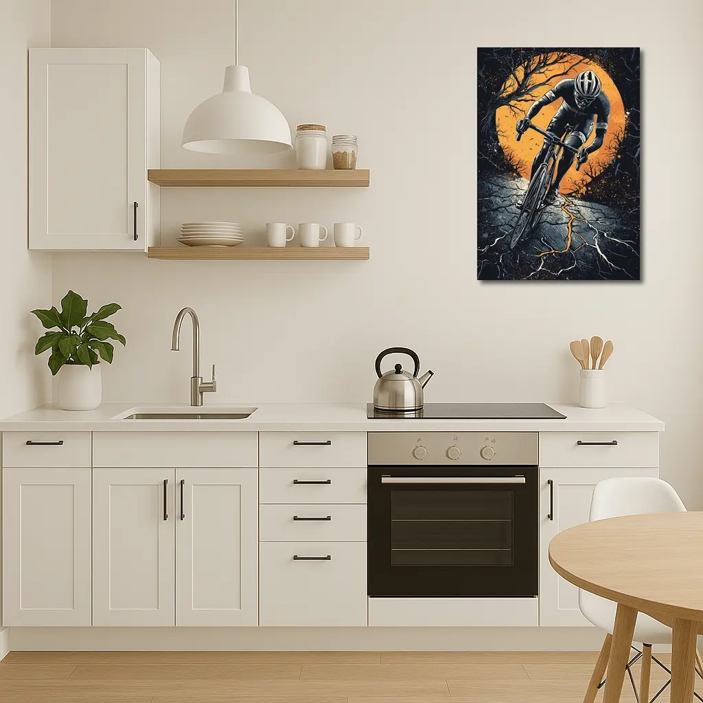 Cyclist Racing Dark Cracked Road Orange Moon – Wall Art
