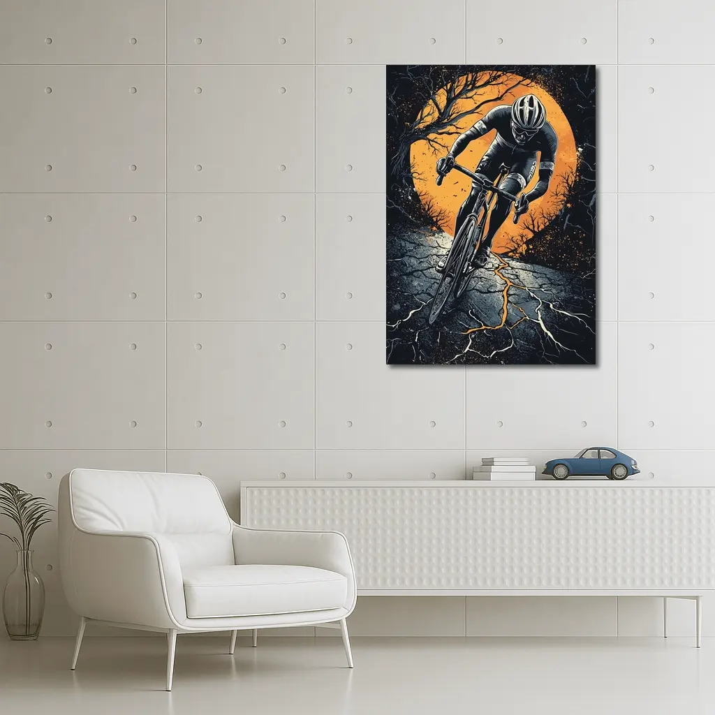 Cyclist Racing Dark Cracked Road Orange Moon – Wall Art
