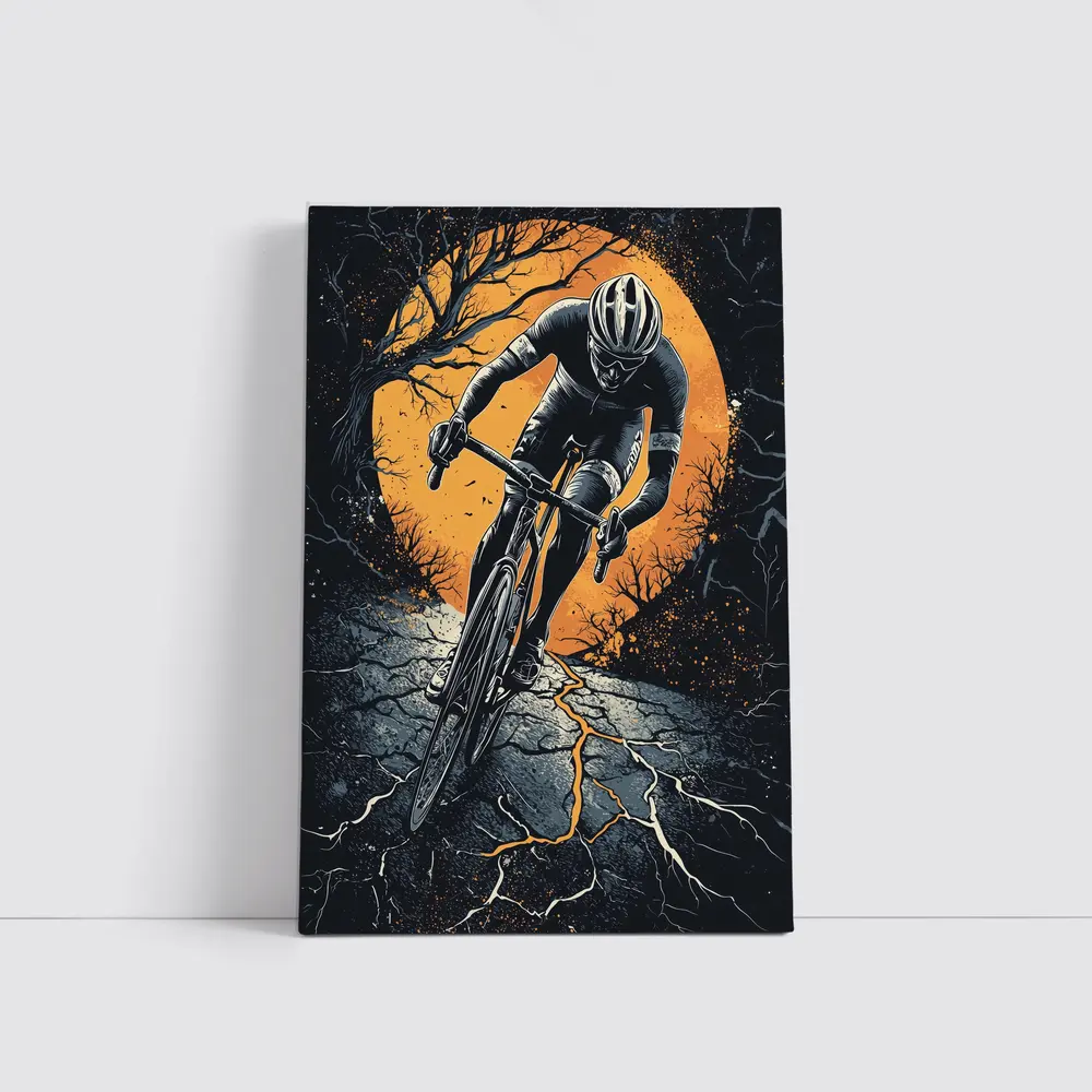 Cyclist Racing Dark Cracked Road Orange Moon – Wall Art