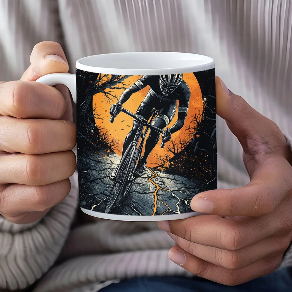 Cyclist Racing Dark Cracked Road Orange Moon – Mugs