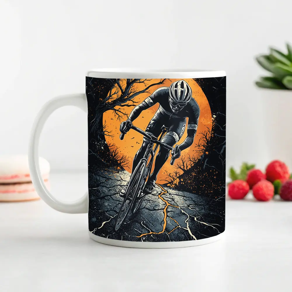 Cyclist Racing Dark Cracked Road Orange Moon – Mugs