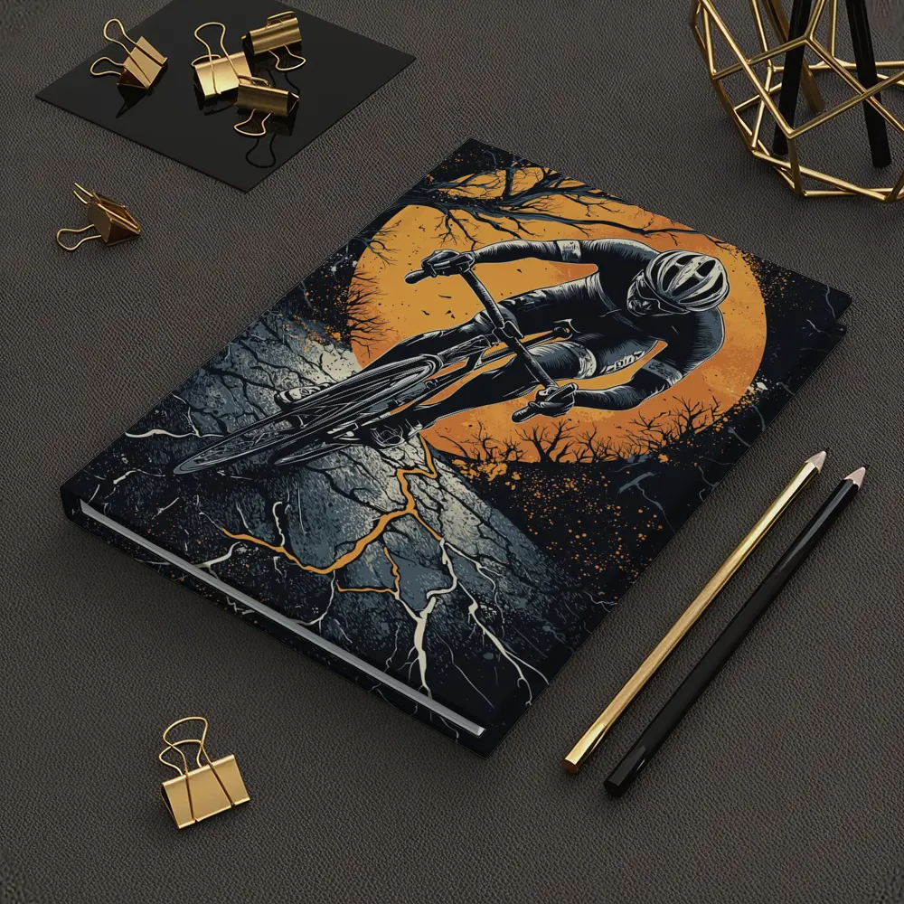 Cyclist Racing Dark Cracked Road Orange Moon – Notebooks