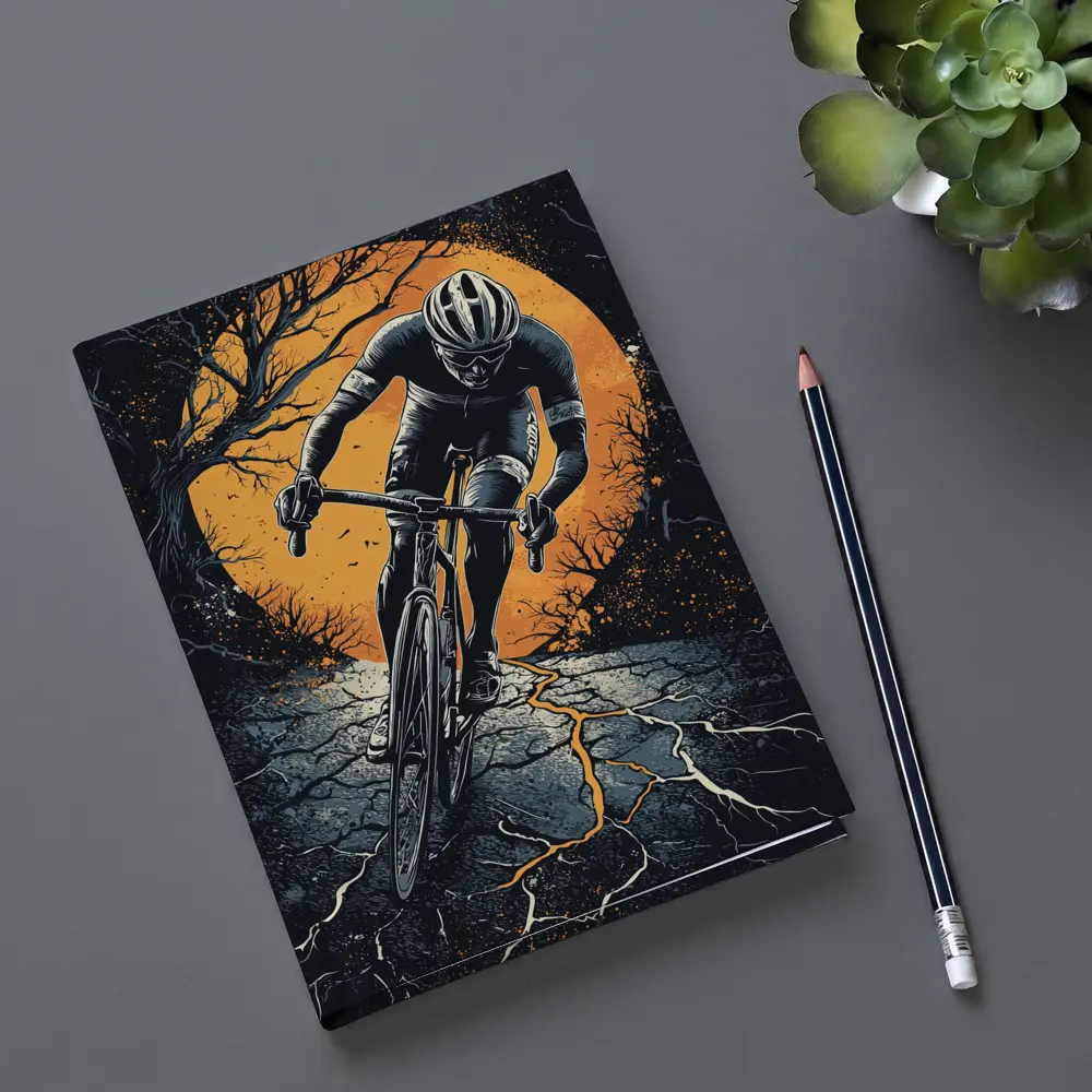 Cyclist Racing Dark Cracked Road Orange Moon – Notebooks