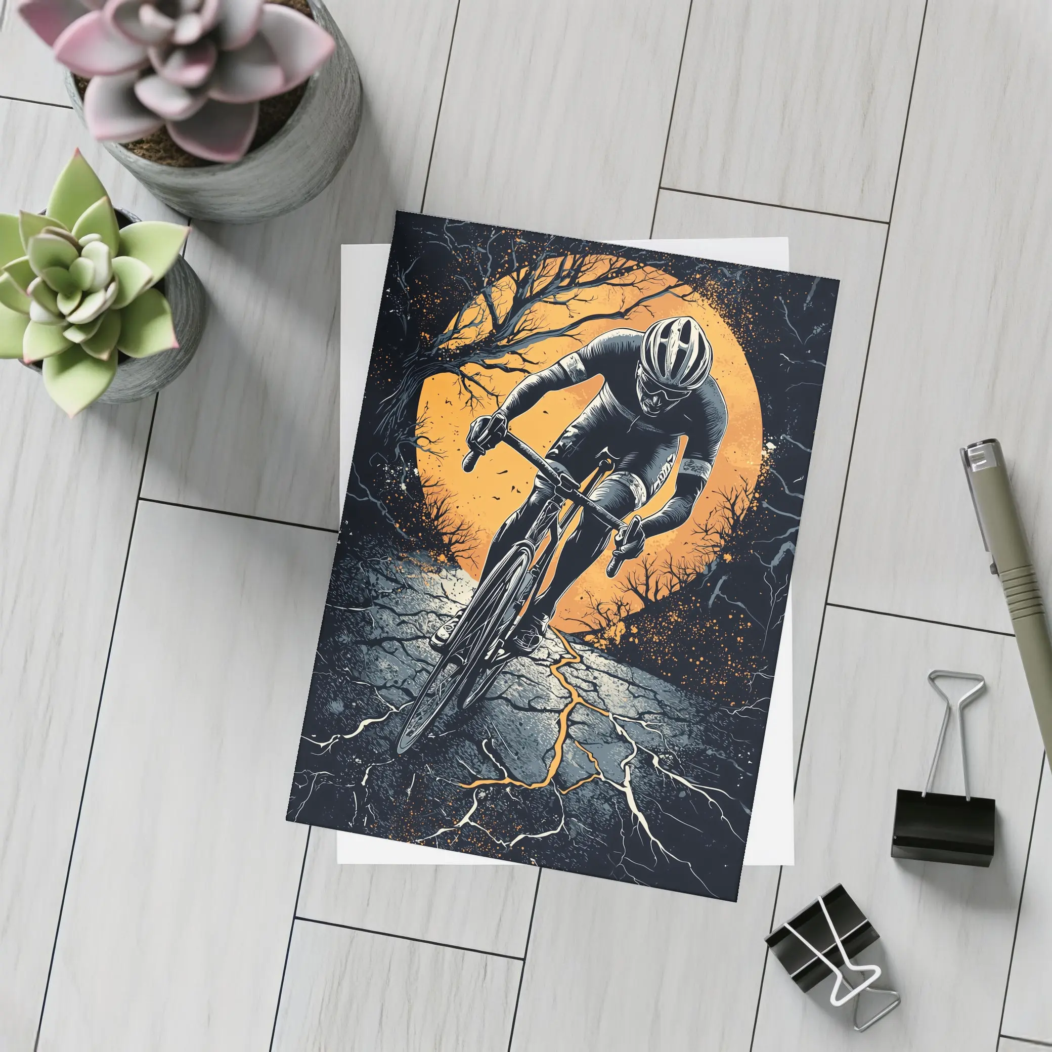 Cyclist Racing Dark Cracked Road Orange Moon – Postcards