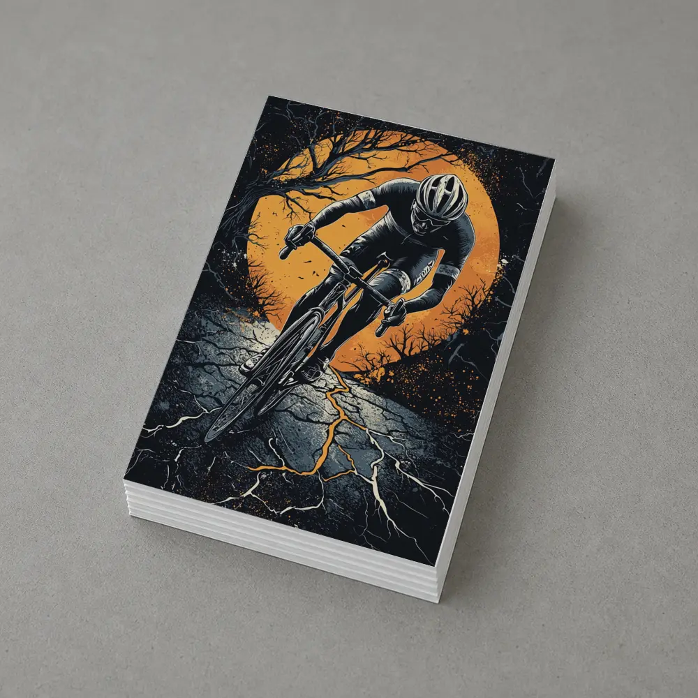Cyclist Racing Dark Cracked Road Orange Moon – Postcards