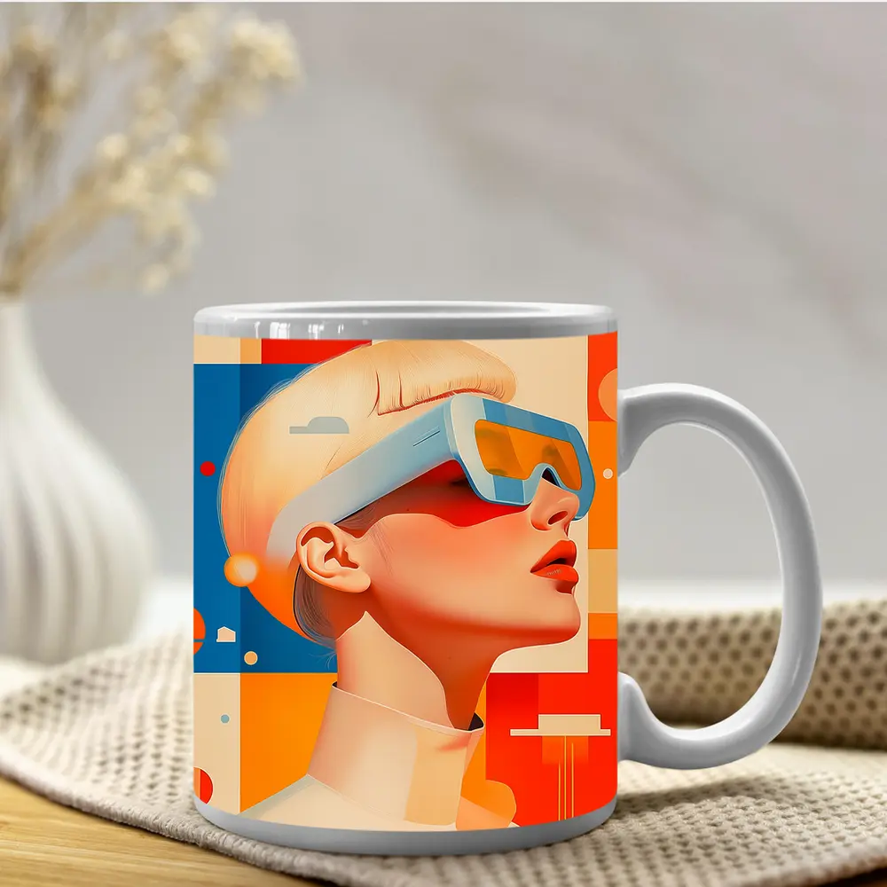 Futuristic Woman VR Glasses Geometric Abstract Background – Mugs