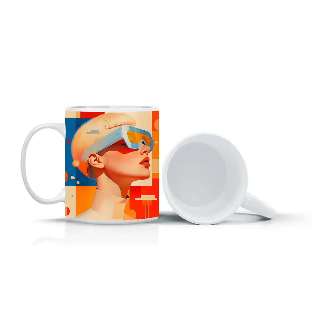 Futuristic Woman VR Glasses Geometric Abstract Background – Mugs