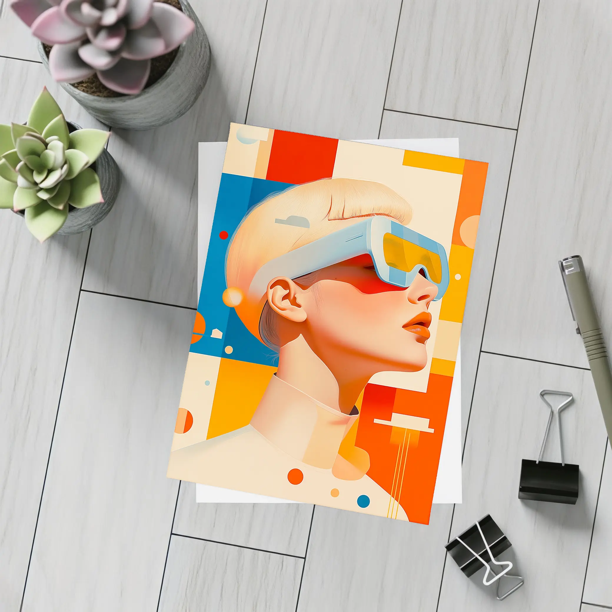 Futuristic Woman VR Glasses Geometric Abstract Background – Postcards